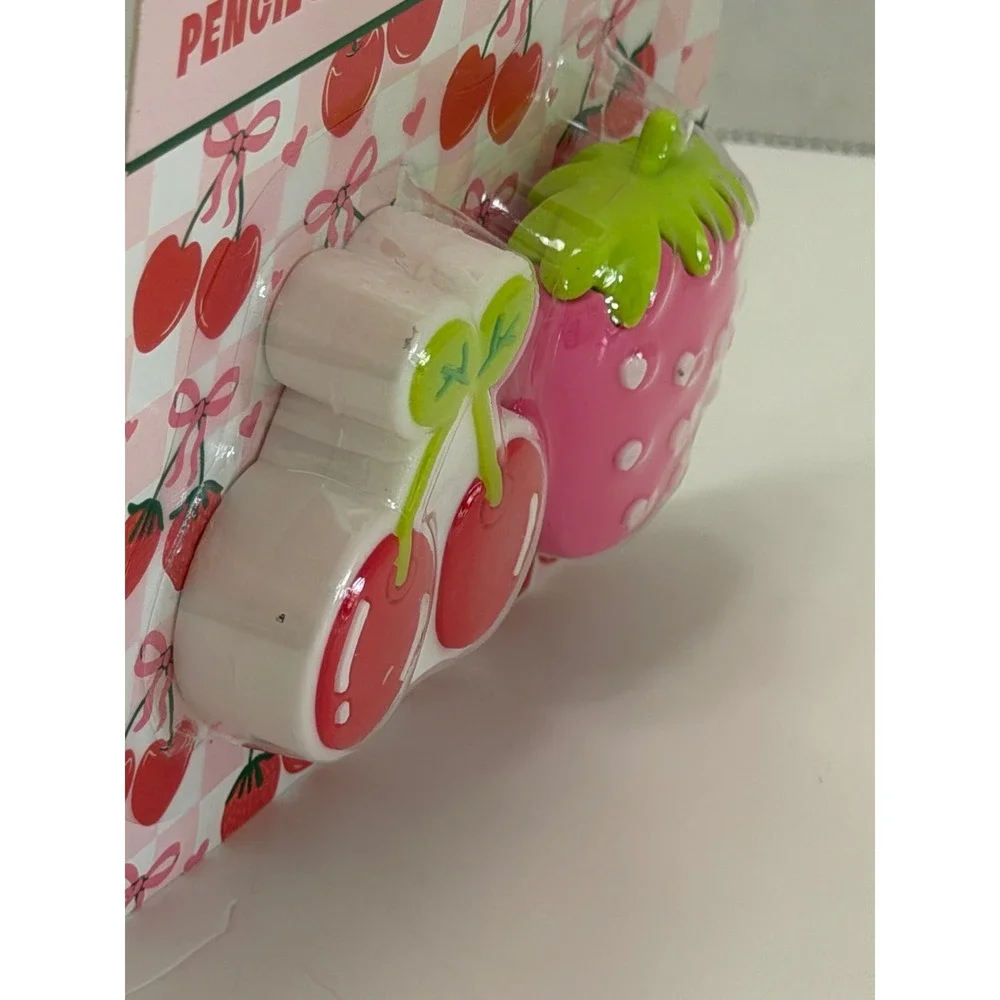 2PC Fruit Pencil Sharpener Set Cherry and Strawberry Shapes Pink Red New